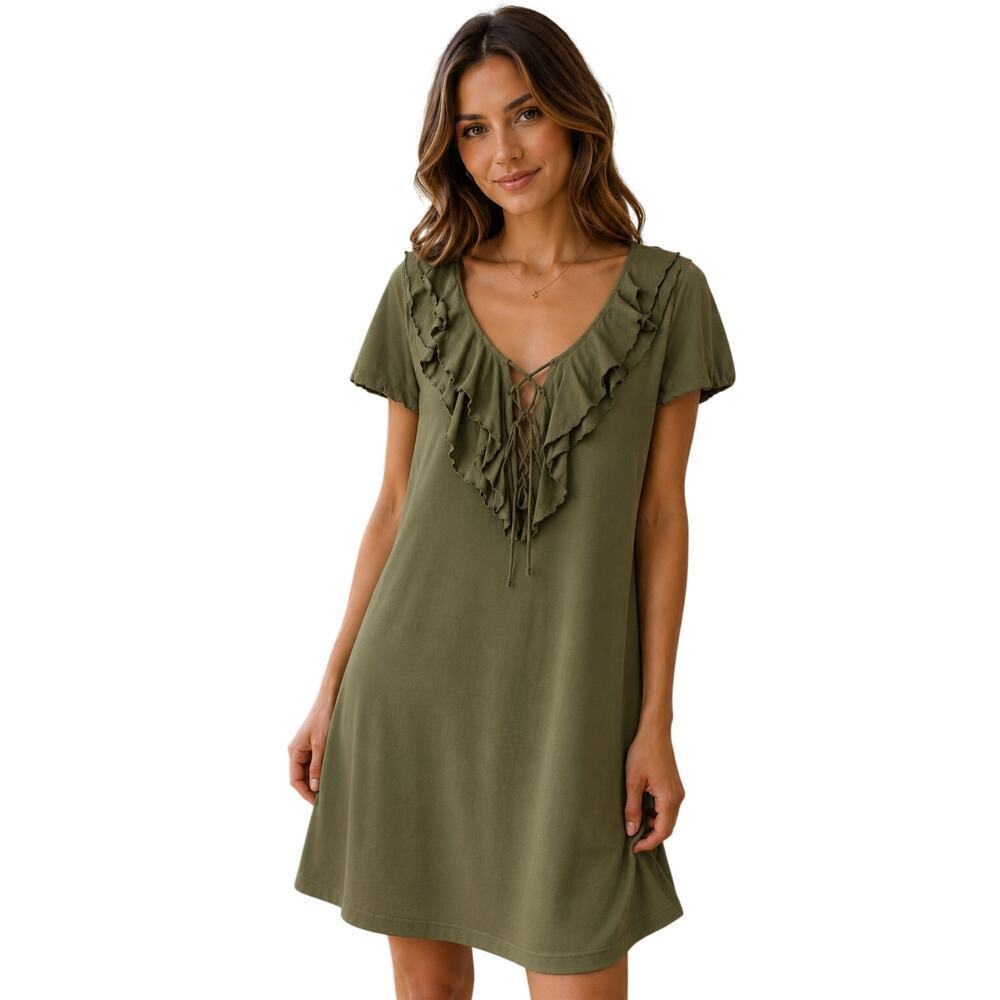 Denim & Supply Ralph Lauren Ruffle Front Cotton Dress Olive Green Boho Size L